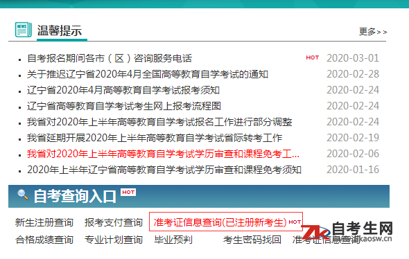 辽宁省高等教育自学考试网上服务平台准考证信息查询(已注册新考生)截图 2020年4月鲁迅美术学院新生准考证号在哪里查