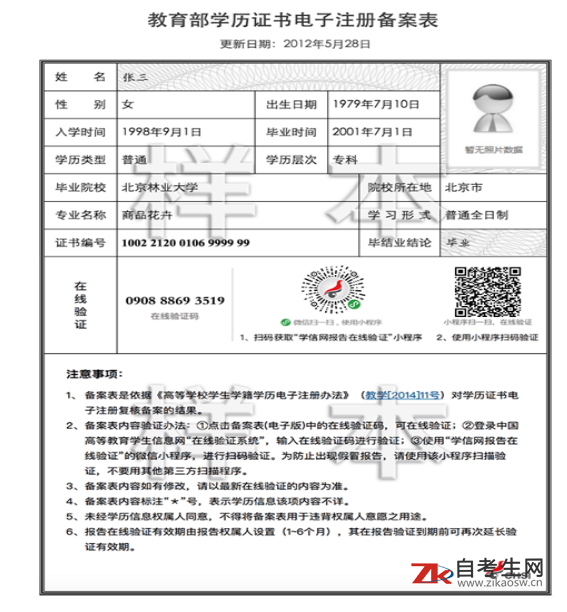 2020上半年广西大学教育部学历证书电子注册备案表（样本）