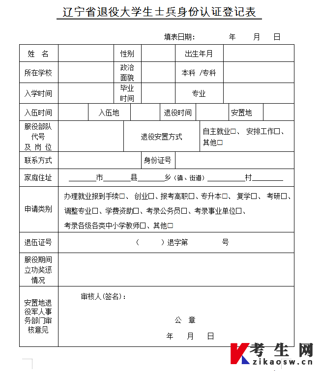 辽宁省退役大学生士兵身份认证登记表