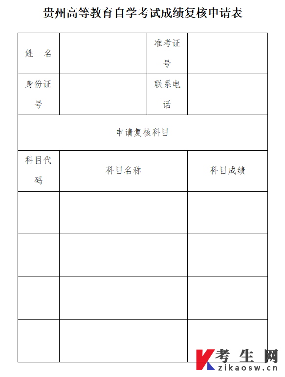 贵州高等教育自学考试成绩复核申请表
