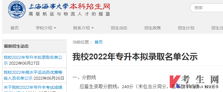 上海海事大学2022年专升本录取分数