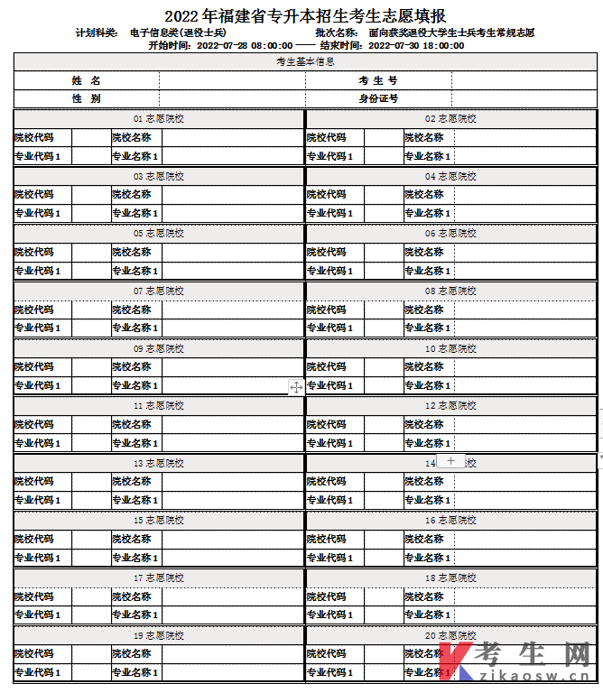 2022年福建专升本退役士兵常规志愿填报表(电子信息类)