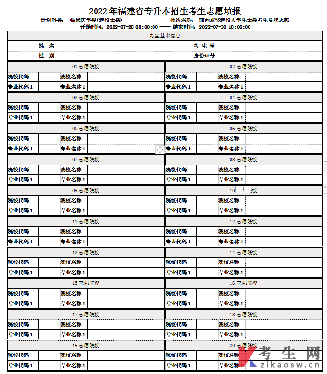 2022年福建专升本退役士兵常规志愿填报表(临床医学类)
