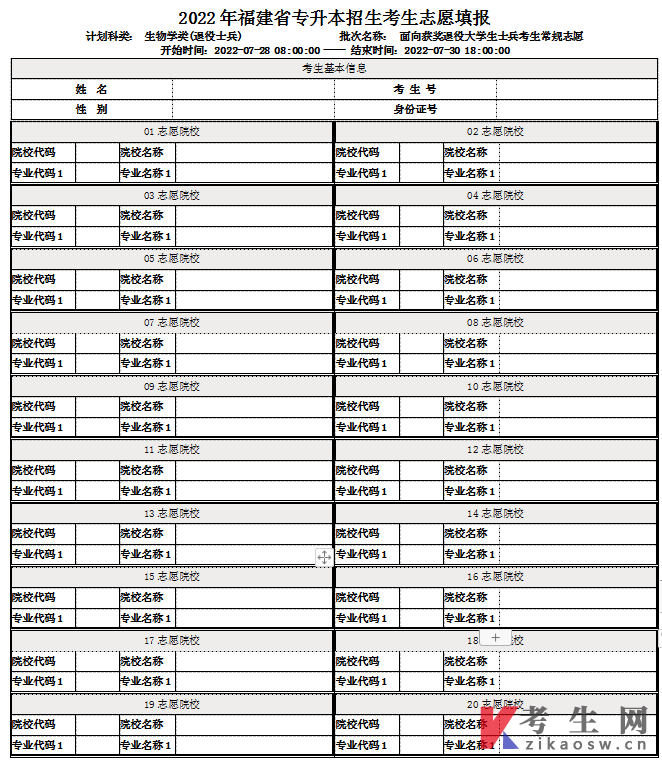 2022年福建专升本退役士兵常规志愿填报表(生物学类)