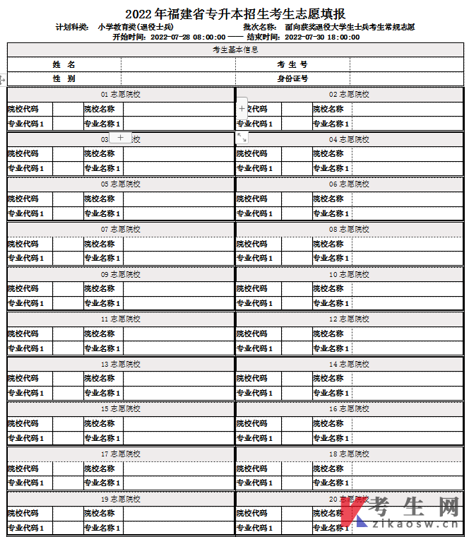 2022年福建专升本获奖退役士兵常规志愿填报表(生物学类)