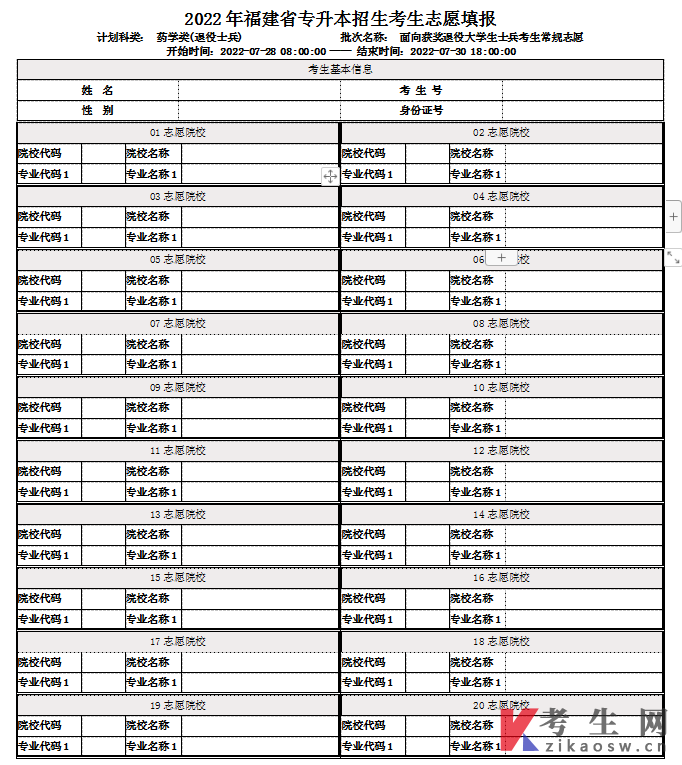 2022年福建专升本获奖退役士兵常规志愿填报表(药学类)