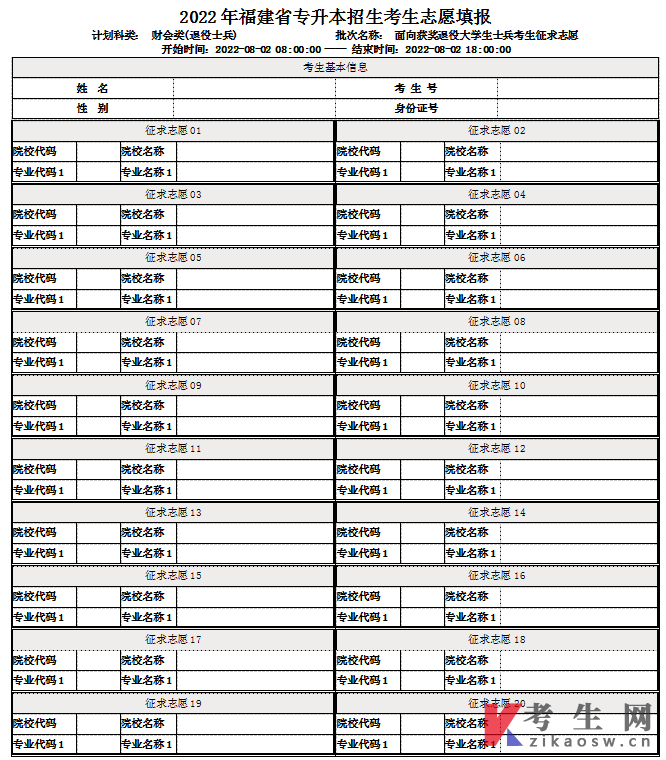 2022年福建专升本获奖退役士兵常规志愿填报表(财会类)