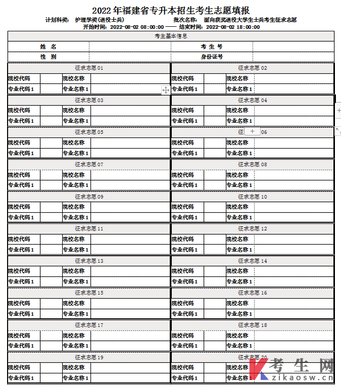 2022年福建专升本获奖退役士兵常规志愿填报表(护理学类)