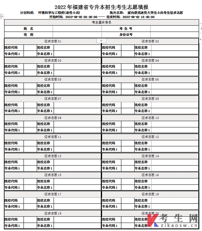 2022年福建专升本获奖退役士兵常规志愿填报表(环境科学与工程类)
