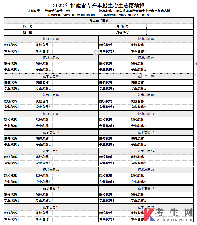 2022年福建专升本获奖退役士兵常规志愿填报表(管理类)
