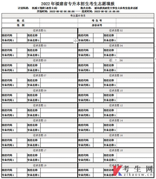 2022年福建专升本获奖退役士兵常规志愿填报表(机械工程类)