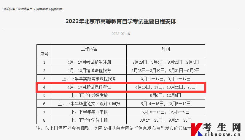 2022年10月北京自考考试时间安排表