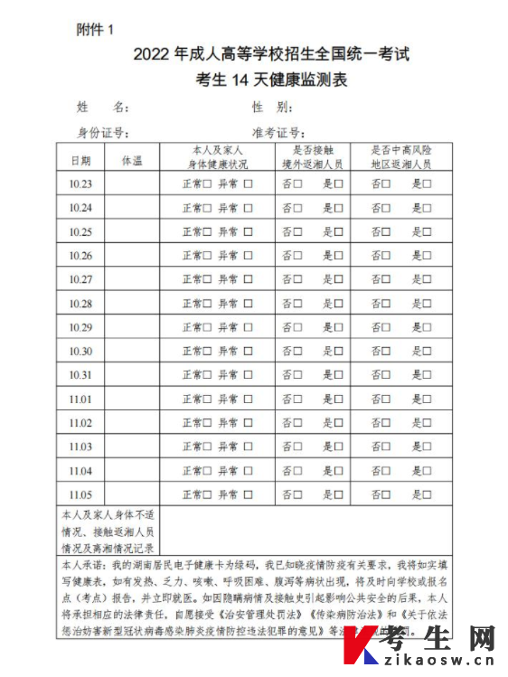 2022年湖南成考考生14天健康监测表