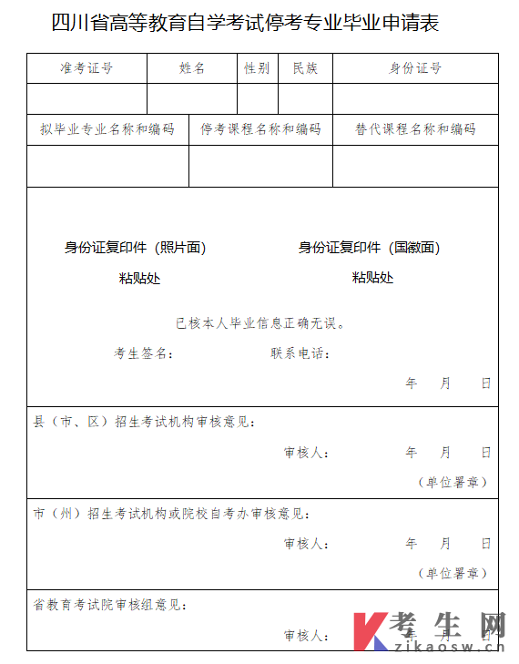 四川省高等教育自学考试停考专业毕业申请表(下载打印)