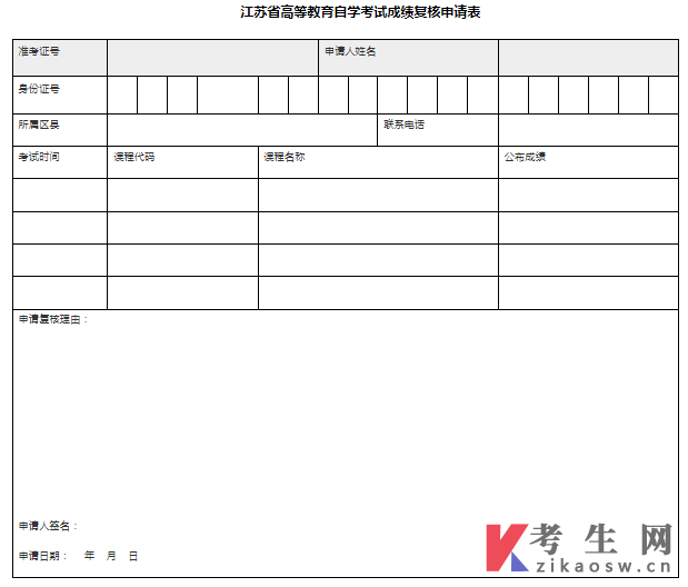 江苏省自学考试成绩复核申请表