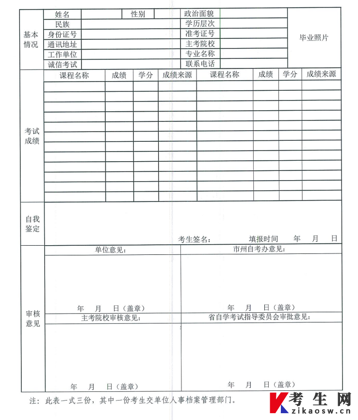 青海省高等教育自学考试毕业生登记表