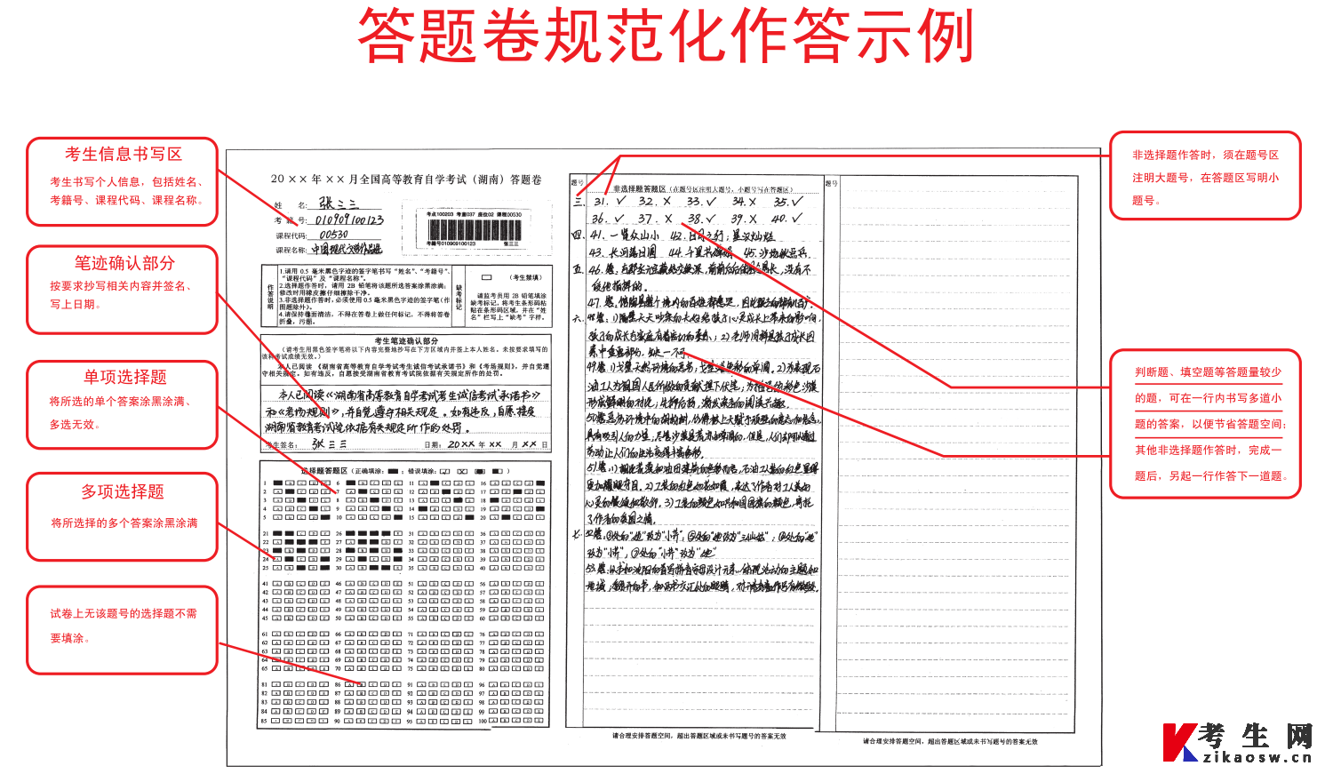 2023年10月湖南自考答题卷规范化作答示例