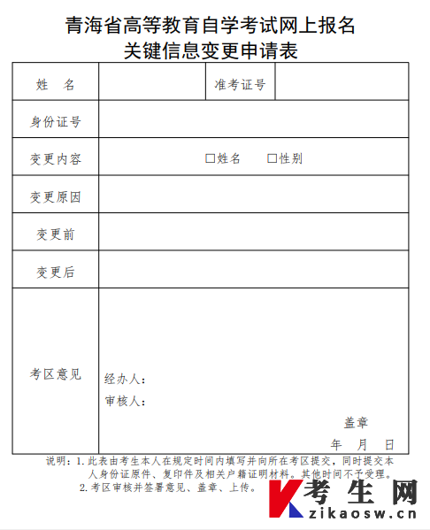 青海自考网上报名关键信息变更申请表(点击下载)