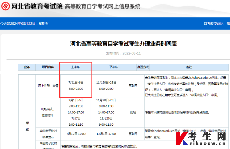 河北省高等教育自学考试考生办理业务时间表