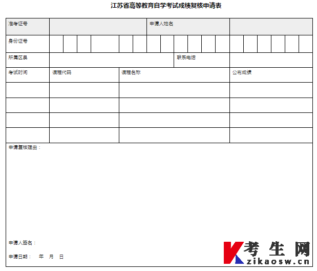 江苏省自学考试成绩复核申请表