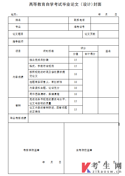 山东建筑大学自学考试毕业论文(设计)封面