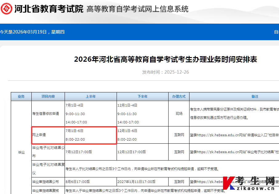 2026年河北省高等教育自学考试考生办理业务时间安排表