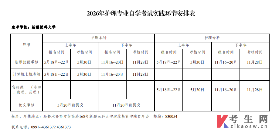 2026年新疆医科大学护理专业自考实践考试安排