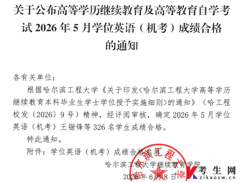 哈尔滨工程大学高等教育自学考试2026年5月学位英语(机考)成绩合格的通知