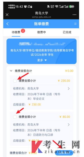 青岛大学2026年下半年自学考试毕业及实践环节考核缴费流程