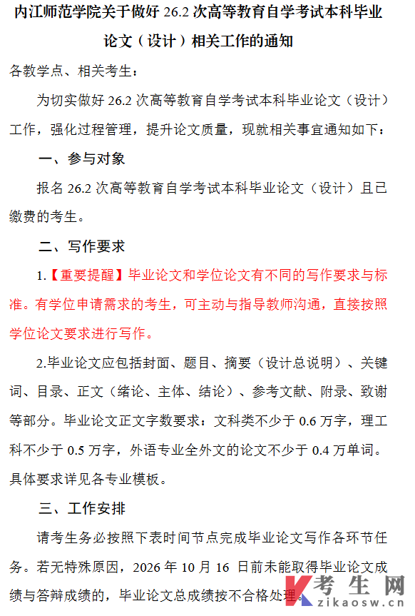 内江师范学院关于做好高等教育自学考试262次毕业论文相关工作通知