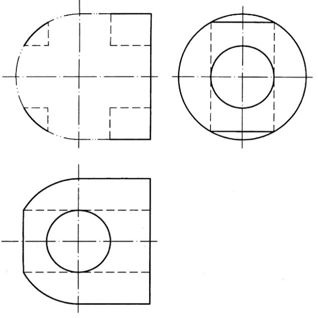 【相贯线作图题】<br />已知立体的俯视图和左视图，补画主视图中相贯线及缺漏轮廓线的投影