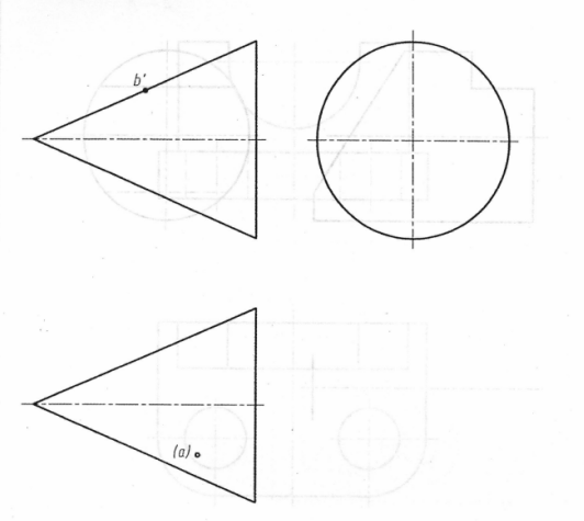 【点、线、面作图题】已知圆锥表面上A、B两点的一-个投影，求A、B的其余两个投影，并判别可见性。