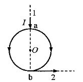 .如图，电流I由长直导线1经a点流入一电阻均匀的圆环，再由b点沿切向从圆环<br />流出到长直导线2.已知长直导线1与a、圆心O三点在同一直线上。设长直导<br />线1、2及圆环中的电流在O点产生的磁感应强度大小分别为B B:和B,则（）