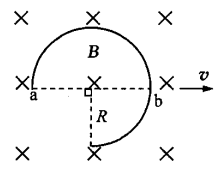 如图，在磁感应强度为B的均匀磁场中，有一半径为R的3／4圆弧状导线，导线平面与磁场垂直.当导线以速率v沿直径ab方向垂直于磁场运动时，导线上产生的动生电动势大小为（ ）