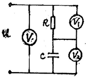 图示正弦交流电路，若电压表V₁的读数为8A，电压表V₂的读数6A，则电压表V的读数（ ）