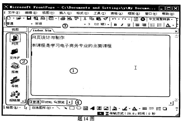 如题14图所示的FrontPage操作界面,图中标注①、②、③和④所示的区域中哪一个是工具栏()