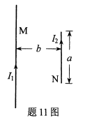 如图，在通有电流强度为的长直导线M附近，有另一段长为a的直导线N，N与M平行，相距为b，N中的电流强度为I₂，N受到的安培力大小为（ ）